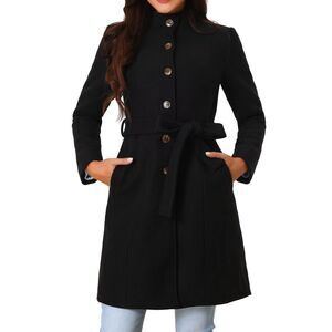 Single Breasted Peacoat Fashion Winter Belted Outwear Black